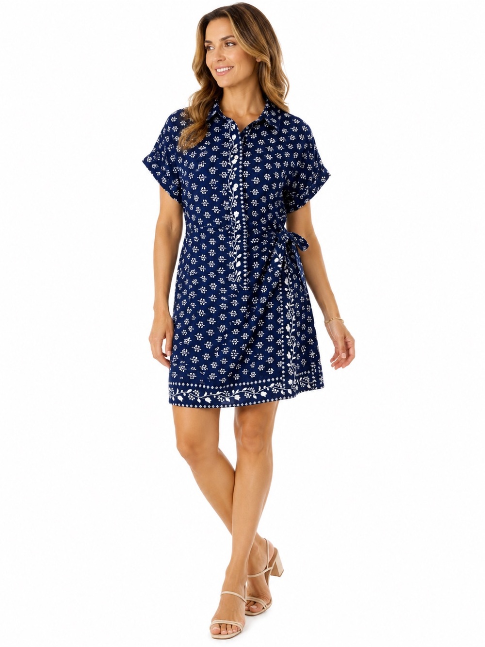 Ann Taylor Navy Floral-Print Tie-Waist Mini Dress